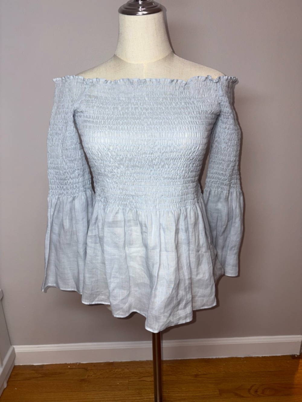 Zara Woman Smocked Off The Shoulder Flare Bell Sleeve Peplum Blue Top Size Small - Picture 2 of 13